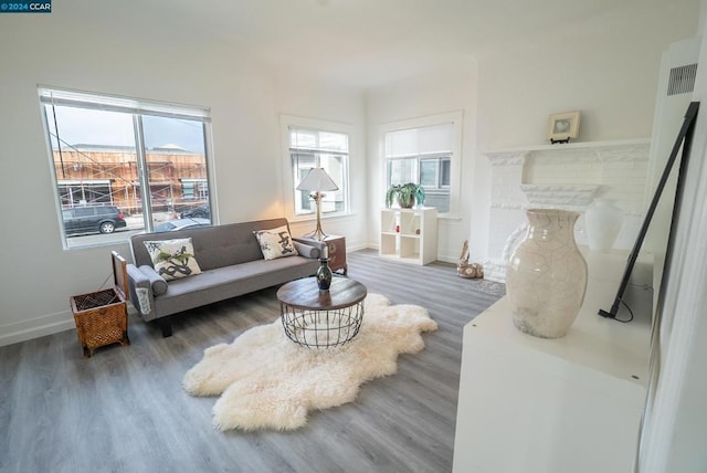 living room with plenty of natural light and wood-type flooring