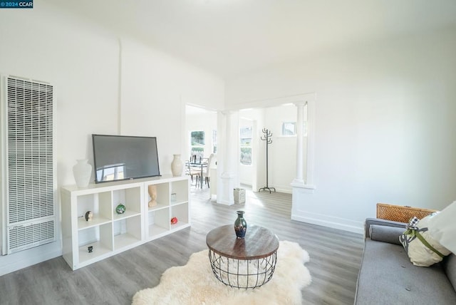 living room featuring wood-type flooring and ornate columns