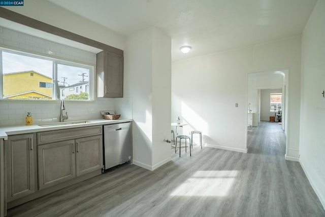 kitchen featuring dishwasher, light hardwood / wood-style flooring, plenty of natural light, and sink