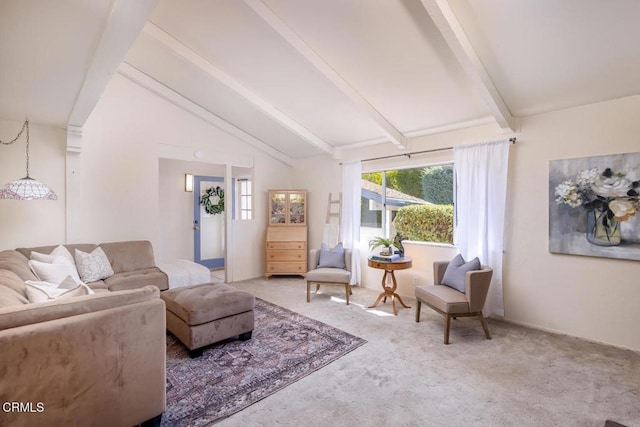 living room with carpet flooring and lofted ceiling with beams