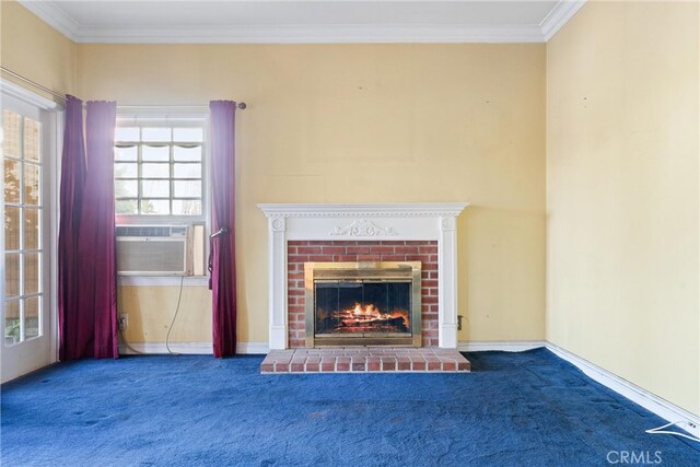 unfurnished living room featuring plenty of natural light, crown molding, and dark colored carpet