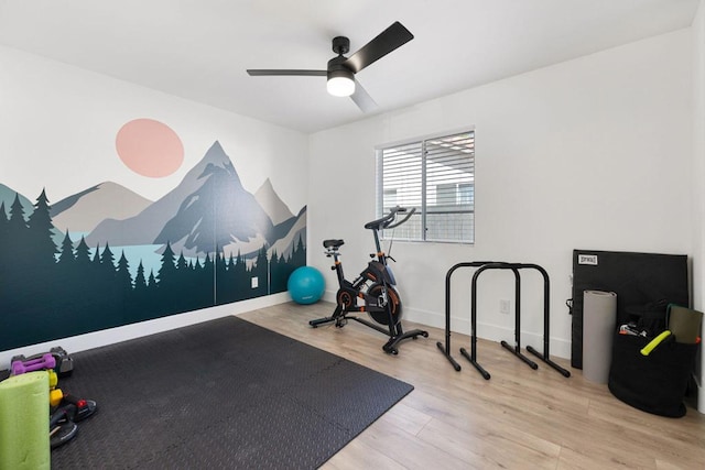 exercise area with ceiling fan and light hardwood / wood-style flooring