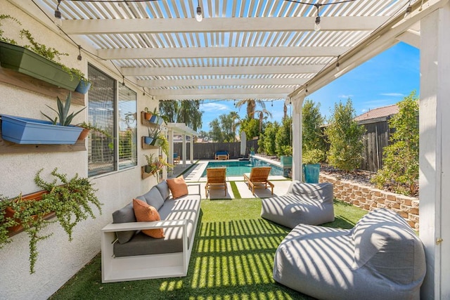 view of patio / terrace featuring a pergola, a fenced in pool, and an outdoor hangout area