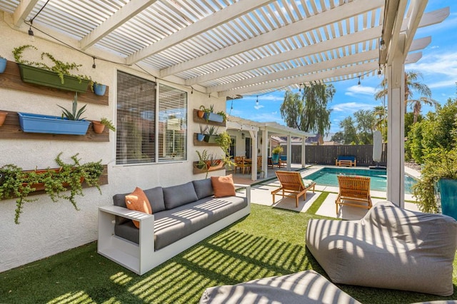 view of patio with an outdoor hangout area, a fenced in pool, and a pergola