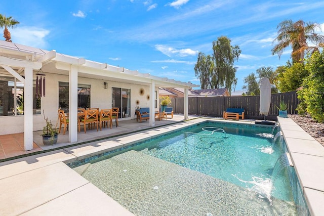 view of swimming pool with a pergola, pool water feature, and a patio