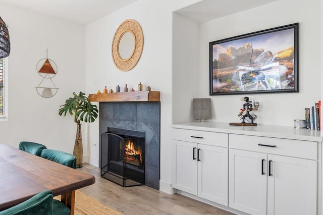 interior space featuring a tile fireplace and light hardwood / wood-style floors