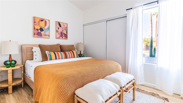 bedroom with a closet and light hardwood / wood-style flooring