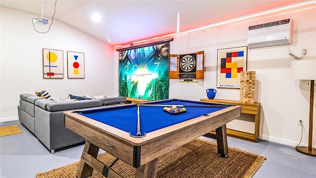 921 Arroyo Vista Dr, Palm Springs, CA 92264 - recreation room with concrete floors, baseboards, billiards, vaulted ceiling, and a wall mounted AC