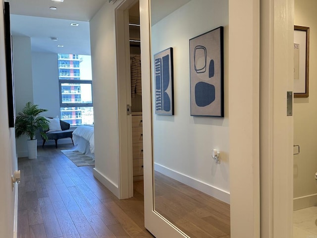 hallway featuring a wall of windows and light hardwood / wood-style floors