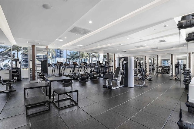 workout area featuring a wall of windows and decorative columns