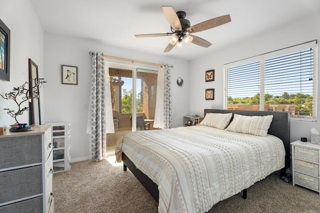 carpeted bedroom with access to exterior, multiple windows, and ceiling fan