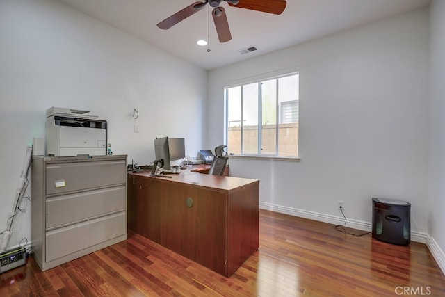 home office with ceiling fan and dark hardwood / wood-style floors