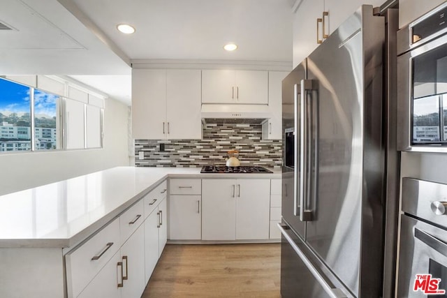 kitchen with white cabinets, plenty of natural light, light hardwood / wood-style floors, and stainless steel appliances