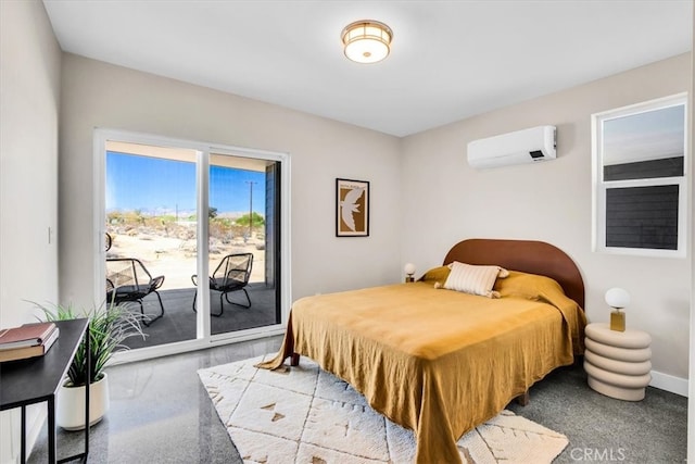 bedroom featuring an AC wall unit, access to exterior, and light colored carpet