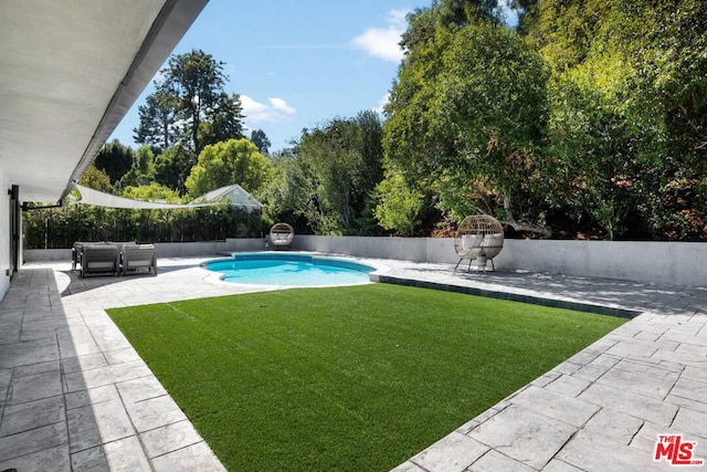 view of swimming pool with a lawn and a patio area