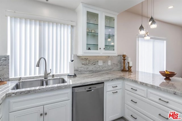 kitchen with white cabinetry, sink, pendant lighting, and dishwasher