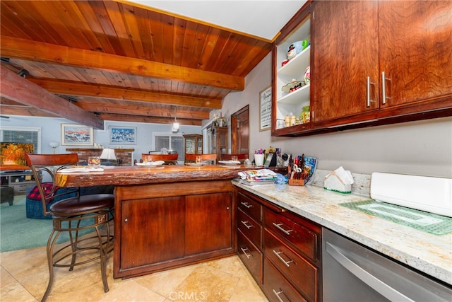 kitchen with light stone countertops, kitchen peninsula, wooden ceiling, stainless steel dishwasher, and beam ceiling