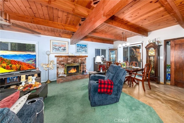 living room with a brick fireplace, wooden ceiling, beamed ceiling, and an inviting chandelier