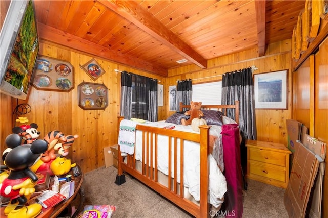 bedroom featuring wooden walls, wood ceiling, beam ceiling, and carpet flooring