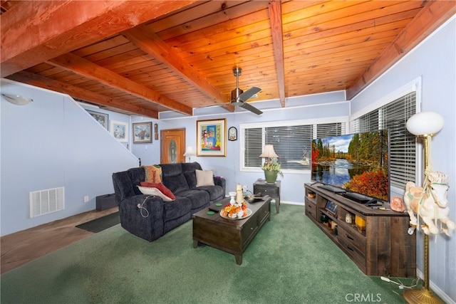 living room with beamed ceiling, carpet, ceiling fan, and wooden ceiling