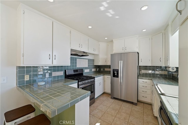 kitchen featuring tile counters, white cabinetry, stainless steel appliances, and tasteful backsplash