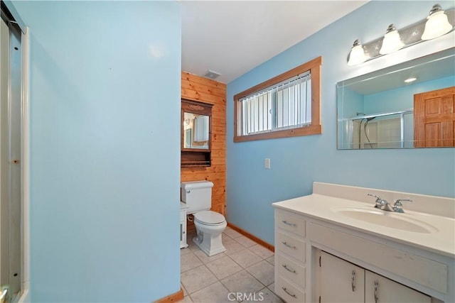 full bathroom with wood walls, tile patterned flooring, an enclosed shower, and toilet