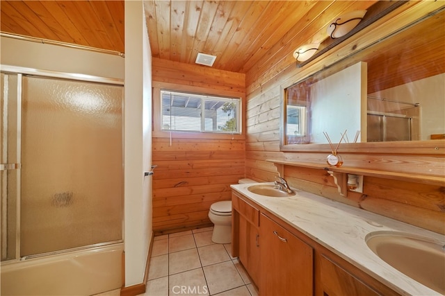 full bathroom with vanity, wood ceiling, wood walls, tile patterned floors, and toilet