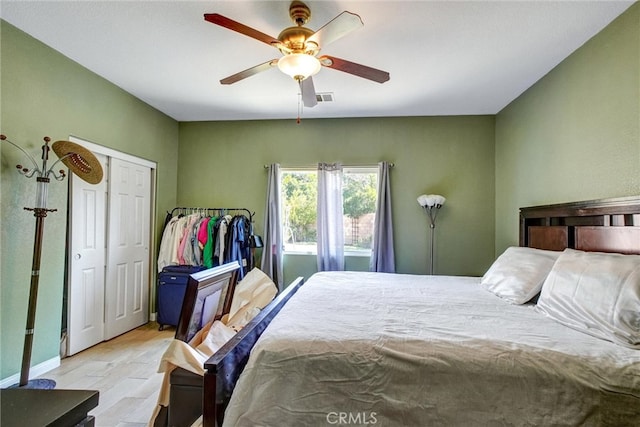 bedroom featuring ceiling fan, a closet, and light hardwood / wood-style flooring