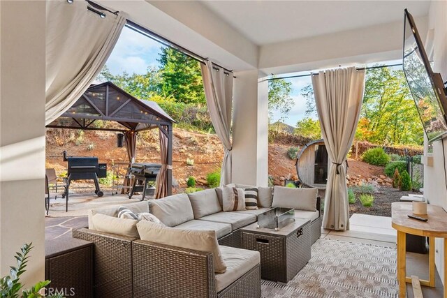 5772 Acorn Ridge Dr, Paradise, CA 95969 - view of patio with an outdoor hangout area, a gazebo, and a grill