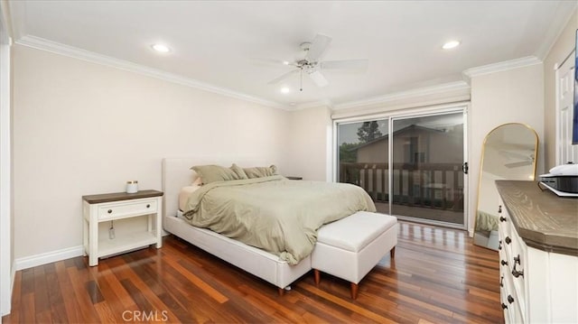 bedroom with access to exterior, ornamental molding, ceiling fan, and dark wood-type flooring