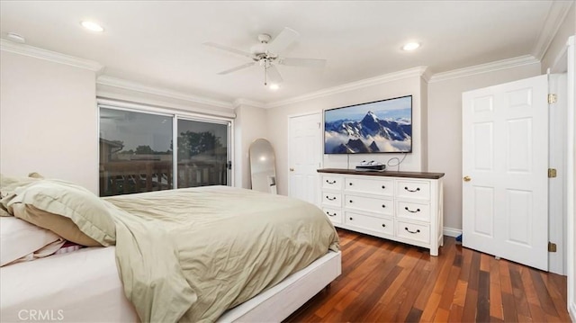 bedroom with ceiling fan, dark hardwood / wood-style floors, access to exterior, and ornamental molding