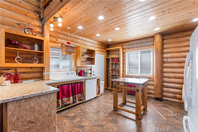 kitchen featuring sink, white appliances, hanging light fixtures, light stone countertops, and wooden ceiling