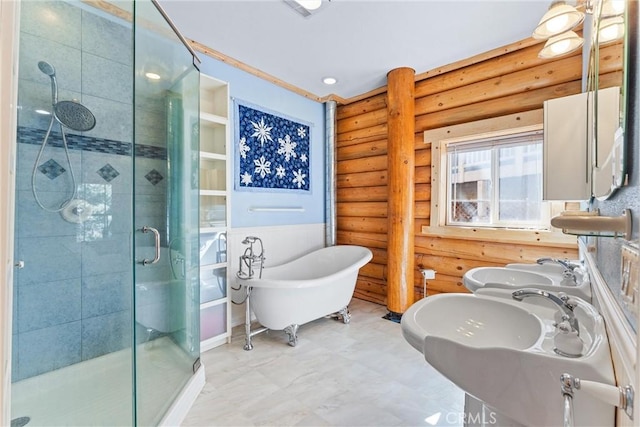 bathroom featuring a bidet, separate shower and tub, sink, and log walls