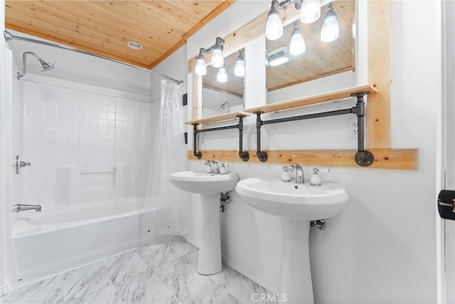 bathroom featuring wood ceiling, shower / bathtub combination with curtain, and sink