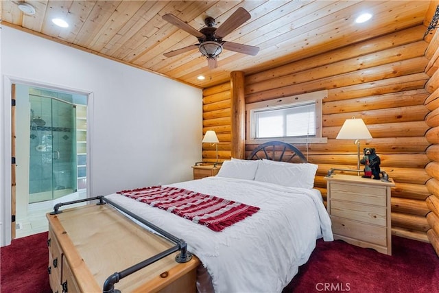 carpeted bedroom featuring log walls, ensuite bathroom, and wooden ceiling