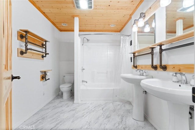 full bathroom with toilet, sink, wood ceiling, ornamental molding, and shower / bath combination with curtain