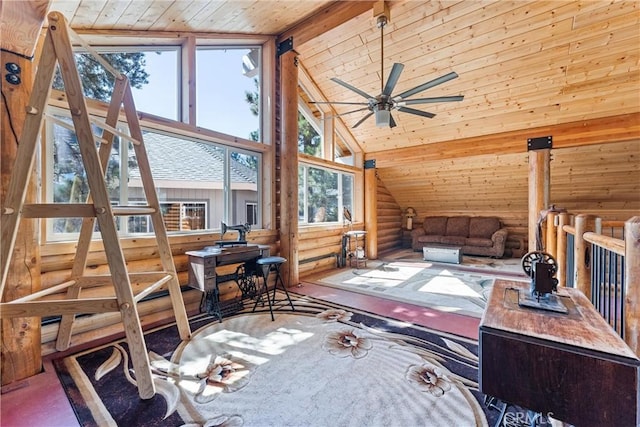 living room featuring rustic walls, ceiling fan, wooden ceiling, and high vaulted ceiling