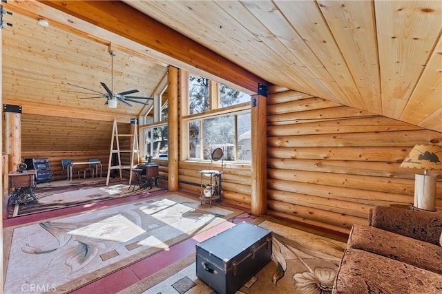 additional living space featuring ceiling fan, rustic walls, vaulted ceiling, and wooden ceiling