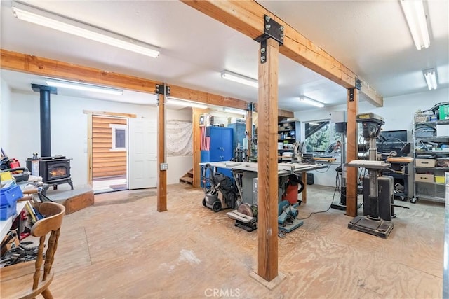 basement with a wood stove