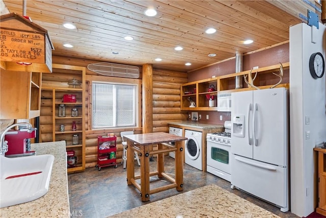 kitchen featuring rustic walls, sink, wood ceiling, white appliances, and washer / clothes dryer