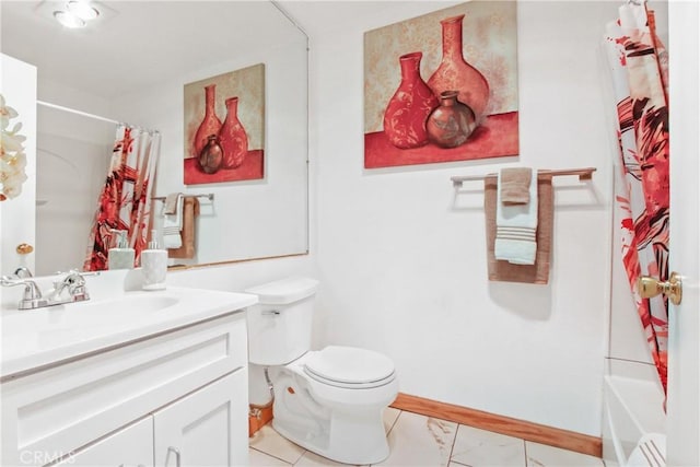 full bathroom featuring toilet, vanity, and shower / tub combo with curtain