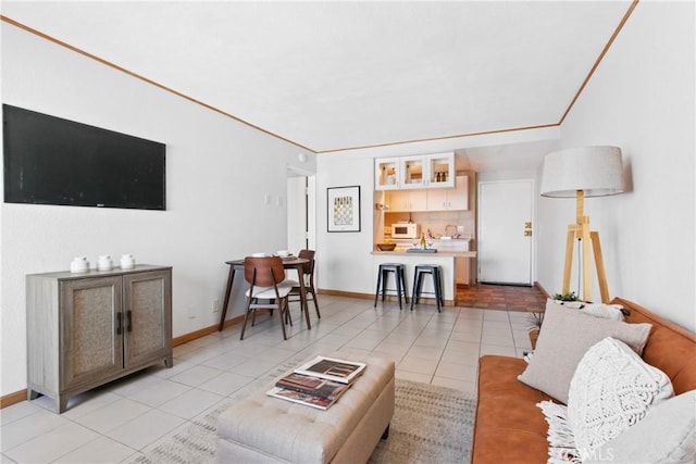 tiled living room with crown molding