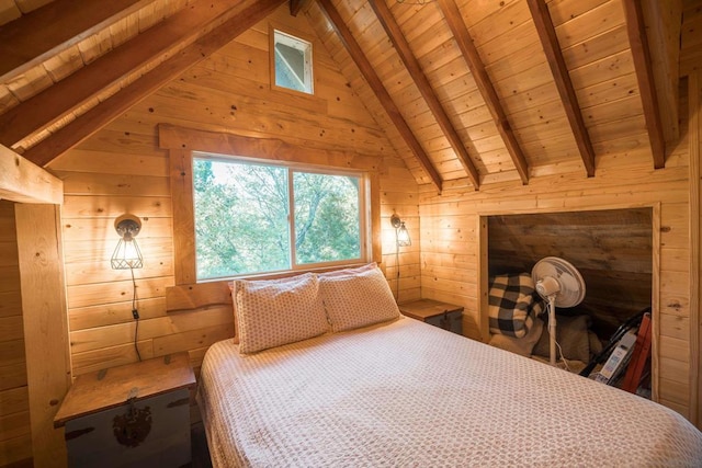 bedroom with vaulted ceiling with beams, wooden walls, and wood ceiling