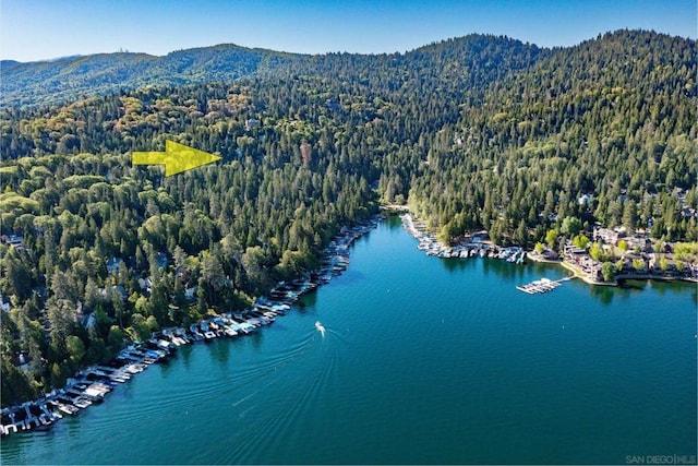 aerial view featuring a water and mountain view