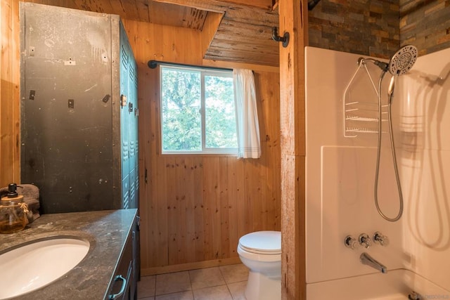 full bathroom featuring vanity, wooden walls, wooden ceiling, tile patterned floors, and toilet