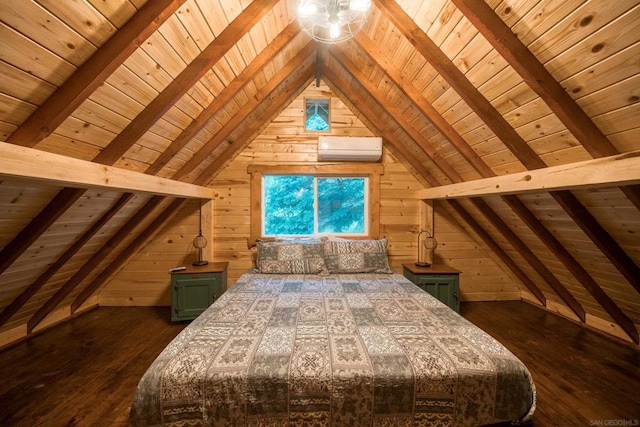 bedroom featuring dark hardwood / wood-style floors, wooden ceiling, lofted ceiling with beams, and wooden walls