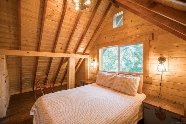 bedroom with wooden walls, dark hardwood / wood-style flooring, and wood ceiling