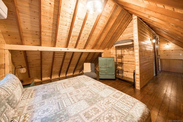 unfurnished bedroom featuring vaulted ceiling with beams, wooden walls, dark wood-type flooring, and wood ceiling