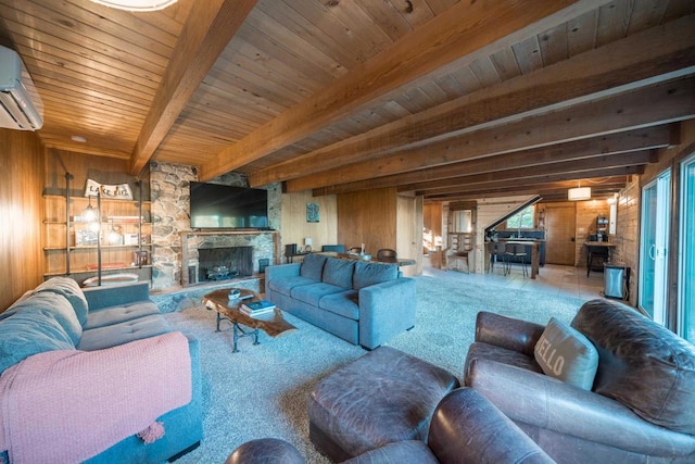 living room with beamed ceiling, wood walls, and an AC wall unit