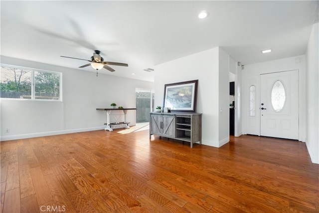 entrance foyer with hardwood / wood-style floors and ceiling fan